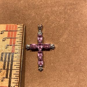 Lovely Sterling and Pink Stone Cross Pendant with diamond chips